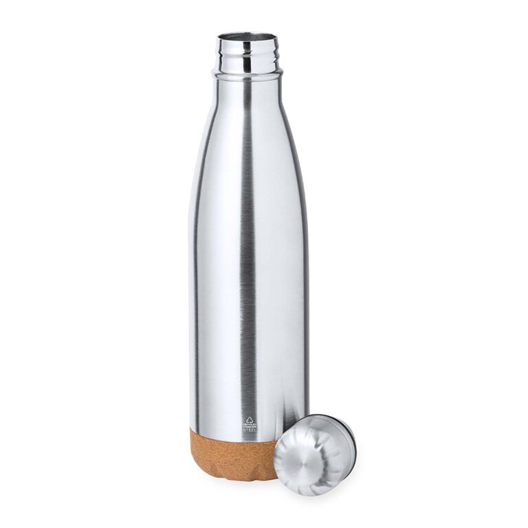 Bouteille publicitaire double paroi en acier inoxydable recyclé avec base en liège 500 ml - Lahti Recyclé | pandacola - 1
